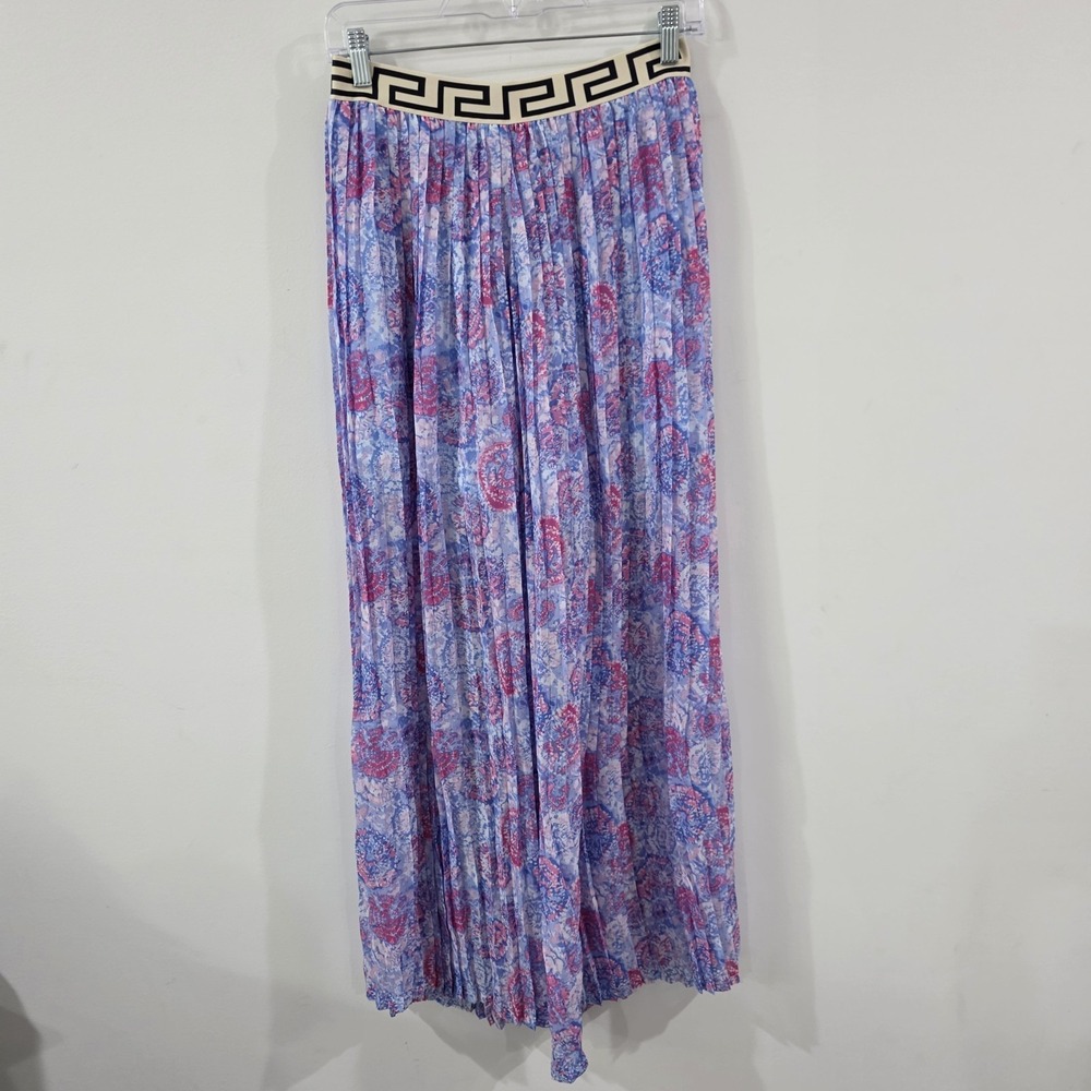 Womens Floral Pleated Chiffon Wide Leg Pants Size Small Beach Coastal Euro